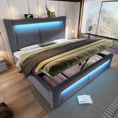 MODENUIT Tweepersoonsbed 180x200 cm – Hydraulisch bed met led en laadpunten – Opbergruimte – Fluweel – Zonder matras – Grijs