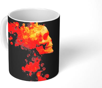 Mok - Koffiemok - Schedel - Oranje - Zijaanzicht - Vlammen - Mokken - 350 ML - Beker - Koffiemokken - Theemok