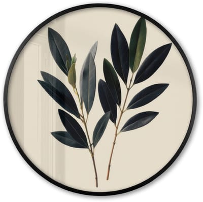 Poster in lijst Rond - Fotolijst 60x60 cm - Posters - Ovaalvormige bladeren - Diep groen - Symmetrisch - Ronde posterlijst zwart - Decoratie - Wanddecoratie woonkamer - Muurdecoratie slaapkamer