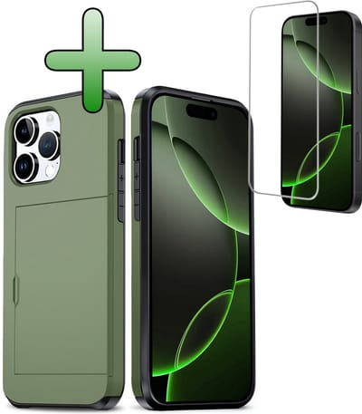 Hoes Geschikt voor iPhone 16 Pro Hoesje Hard Case Met Pas Houder Met Screenprotector - Hoesje Geschikt voor iPhone 16 Pro Hoes Shockproof Hard Cover Met Kaarthouder - Donkergroen