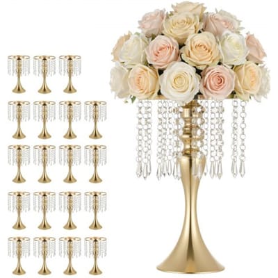 VEVOR 20 stuks trouwvazen, bloemvazen ​​voor bruiloften, 33,5 cm hoog, metalen bloemvazen ​​met bloemenstandaard, kristallen decoratie, tafelvazen ​​voor bruiloften, feesten, jubilea en ceremonies, goudkleurig
