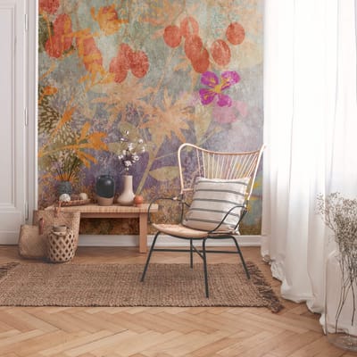 Fotobehang Profhome 382641-GU vliesbehang hardvinyl warmdruk in reliëf glad in aquarel stijl mat oranje paars geel blauw 3,71 m x 2,8 m