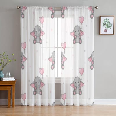 Schattige Olifanten En Hartballonnen Tule Gordijnen Voor Woonkamer Slaapkamer Kerst Chiffon Transparant Voile Keukengordijn 135W x 114H(cm) white