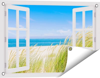 Gards Tuinposter Doorkijk Strand en Zee met een Zeilboot - 60x40 cm - Tuindoek - Tuindecoratie - Wanddecoratie buiten - Tuinschilderij