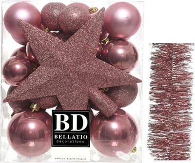 Kerstversiering kunststof kerstballen 5-6-8 cm met ster piek en folieslingers pakket oud roze van 35x stuks - Kerstboomversiering