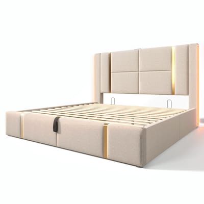 COVREO Bedframe 140x200 cm Beige stof, LED, USB-C, zonder matras