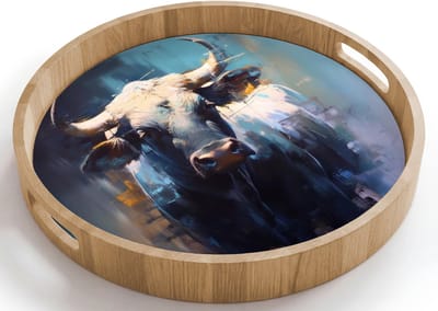Dienblad rond 40x40 cm - Schootdienblad hout - Stier - Zwart - Abstract - Horens - Borrelplank rechthoek - Plateau houten dienbladen