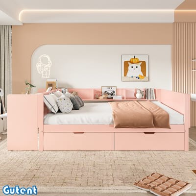 Gutent Kinderbed - houten bed - 140x200cm - met bureau - uitgerust met 2 lades - (zonder matras) - met planken - grenen - spaanplaat - Roze
