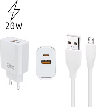 WAEYZ - Oplader USB Adapter Snellader 20W 2 Poorten USB-C en USB-A - Inclusief Mobiele telefoon Kabel 1x USB-stekker - 1x Micro-USB-stekker 1 meter - Universeel Micro USB Kabel - 3 jaar garantie