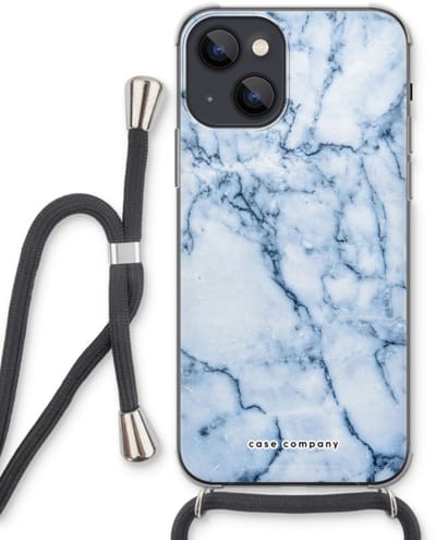Case Company® - Hoesje met koord geschikt voor iPhone 13 hoesje met Koord - Blauw marmer - Telefoonhoesje met Zwart Koord - Bescherming aan alle Kanten en Over de Schermrand