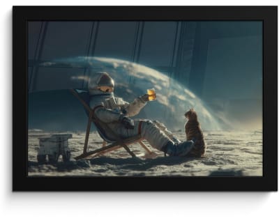 Poster in lijst - Fotolijst 30x20 cm - Posters - Astronaut - Kat - Glas - Stoel - Posterlijst zwart - Decoratie - Wanddecoratie woonkamer - Muurdecoratie slaapkamer