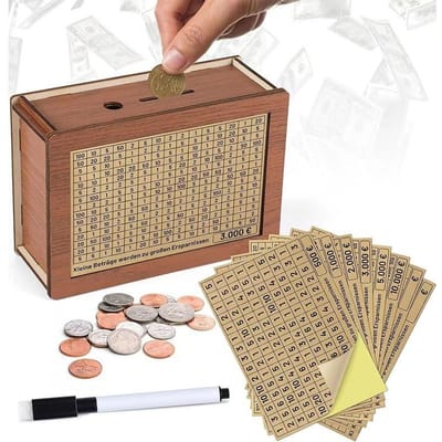 Tirelire en bois avec objectif d'économie et boîtes à chiffres, 1000/2000/3000/5000/10000 euros