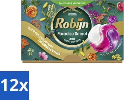 12 x Robijn – 3-in-1 Wascapsules – Paradise Secret - 15 Capsules - Wascapsules - Kleurbescherming - Wasgeur - 3-in-1 - Wasbeurt