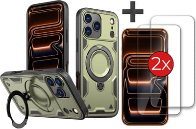 Hoesje Geschikt voor iPhone 17 Pro Max met 2 Stuks gehard glas Screenprotector - Armor hoes met Ringhouder - Arara backcover - Groen
