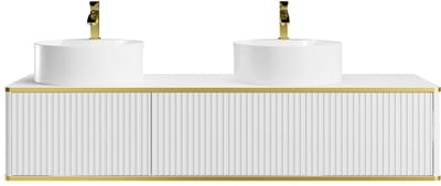 Vente-unique Zwevend badkamermeubel, geribbeld met gouden randjes 2 lades met ronde dubbele opzetwastafel - Wit - 150 cm - KELIZA
