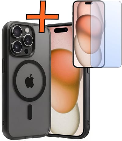 Hoes - Met Screenprotector - Geschikt voor Apple iPhone 15 Pro - Magsafe Compatible - Sterk & Shockproof - Back Cover - Shock Proof Case - Telefoon Hoes - Zwart