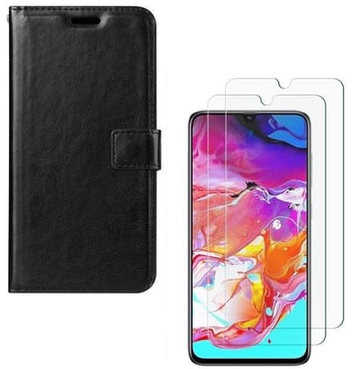 hoesje Geschikt voor: Samsung Galaxy A70 / A70S Portemonnee zwart met 2 stuks Glas Screen protector