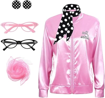 Roze Satijnen Damesjacket voor Feestjes, 1950s Kostuum met Accessoires voor Halloween en Carnaval