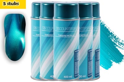 Turquoise Metallic Spuitverf | 5-Pack | Sneldrogend | Hoogglans Afwerking, 2000ml Totaal | Hecht op Metaal, Hout en Plastic | Inclusief Transparante Beschermlaag voor Extra Duurzaamheid