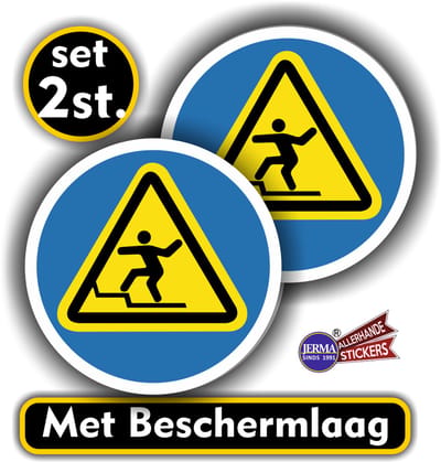 Jerma - Pas op het opstapje - Sticker - Vinyl – set 2 stuks - Ø 10 cm - Zelfklevend - Krasbestendig