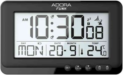 Adora Funk Digitale Wekker Zwart – Radiogestuurde Klok – Twee Alarmtijden – Temperatuur, Datum & Dagweergave – Automatische Zomer/Wintertijd – Groot Display – Achtergrondverlichting