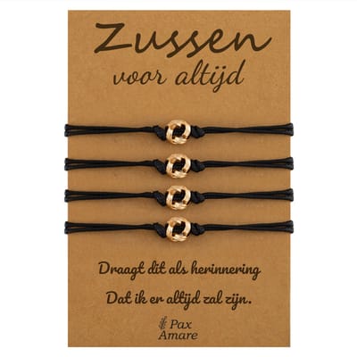 Vriendschapsarmbandjes voor 4 "Zussen voor altijd" - Knoopjes - Sisters Armbandjes met Cadeau Kaartje - Goudkleurig - Elastisch Verstelbaar - Pax Amare