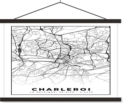 Posterhanger incl. Poster 60x40 cm - Schoolplaat - Plattegrond – Charleroi – Zwart Wit – Stadskaart - Kaart - België - Textielposter - Zwarte latten - Stadskaart