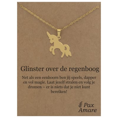 Stainless Steel Eenhoorn Ketting op Cadeau Kaartje - Glinster over de regenboog - 45cm Goudkleurig Roestvrij Staal - Pax Amare