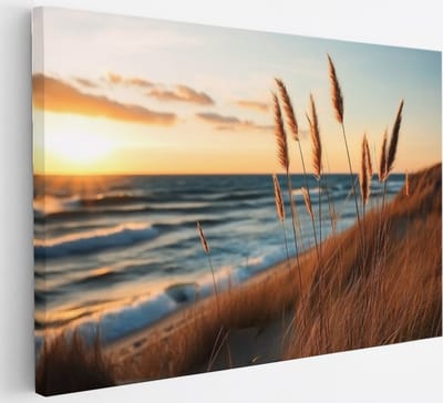 Saammp Canvas Schilderij - Helmgras met zonsondergang - strand - zee - Duinen - 30x20 - Foto op canvas - Wanddecoratie - muurdecoratie Woonkamer - Slaapkamer decoratie - Canvas Print