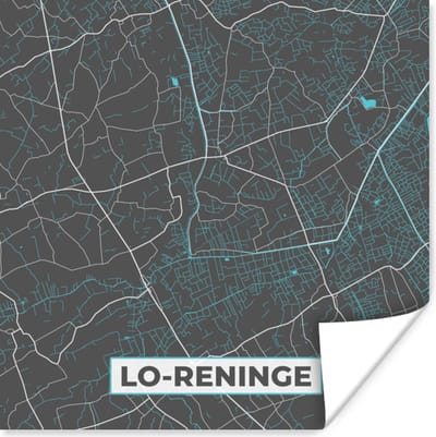 Poster Kaart – Plattegrond – Stadskaart – Lo Reninge – België - Grijs - 100x100 cm XXL