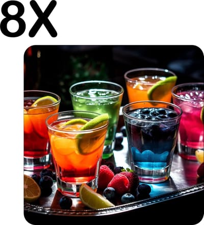 Luxe Placemat - Gekleurde Cocktails op een Dienblad - Set van 8 Placemats - 50x50 cm - 2 mm dik Vinyl - Anti Slip - Afneembaar