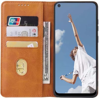 Smartphonica Oppo A52 leren hoesje met magnetische sluiting en pashouders book case – Bruin geschikt voor Oppo A52