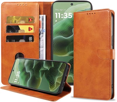 Geschikt voor Motorola Moto G35 Telefoonhoesje Kunstleer met Magnetisch lipje en Pasjeshouder Book Case met Klepje - Walletcase with Cardslot - Bruin - Smartphonica geschikt voor Motorola Moto G35