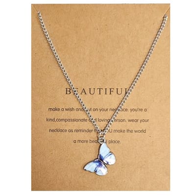 Fako Bijoux® - Doe Een Wens - Vlinder Ketting - Make A Wish - Beautiful - Lichtblauw - Ketting Inclusief Kaart Met Tekst - Zilverkleurig