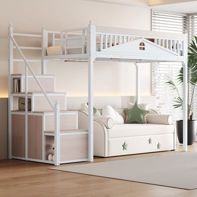 Sweiko Hoogslaper - 90 x 200 cm - Metalen veiligheidshek - Uitwisselbare klimladder links en rechts - Met opbergruimte - Wit (zonder bank)