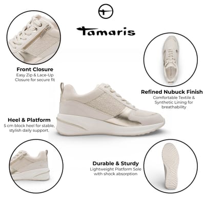 Tamaris dames witte en gouden platform sneakers met ritssluiting en vetersluiting.