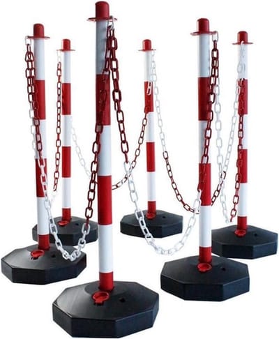 Afzetpalen Rood-Wit Set - 6 Kunststof Paaltjes met 22m Afzetketting - Verzwarende Voetstukken - 90 cm Hoog