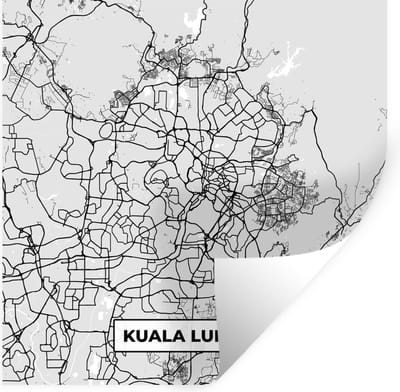 Muurstickers - Sticker Folie - Kaart - Kuala Lumpur - Stadskaart - Plattegrond - Zwart Wit - 100x100 cm - Plakfolie - Muurstickers Kinderkamer - Zelfklevend Behang XXL - Zelfklevend behangpapier - Stickerfolie