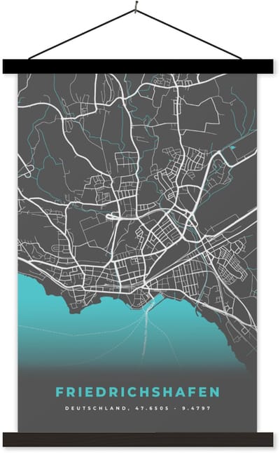Posterhanger incl. Poster 40x60 cm - Schoolplaat - Stadskaart – Plattegrond – Duitsland – Blauw – Friedrichshafen– Kaart - Textielposter - Zwarte latten - Stadskaart
