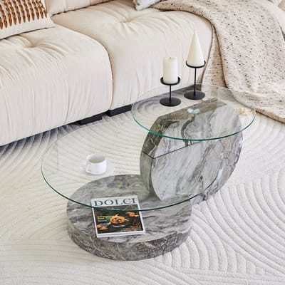 OKWISH Salontafel – 2 Niveaus Open Opbergruimte – Woonkamer – Veiligheidsglas En MDF Marmerlook Grijs Transparant