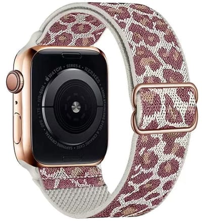 Stravo Elastisch Nylon Bandje met Luipaardprint – Verstelbaar & Ademend – Geschikt voor Apple Watch 42mm (Series 11/10), 41mm (Series 9/8/7), 40mm (Series 6/5/4, SE 1/2/3), 38mm (Series 3/2/1) – Nylon Horlogeband met Luipaardprint – Roze