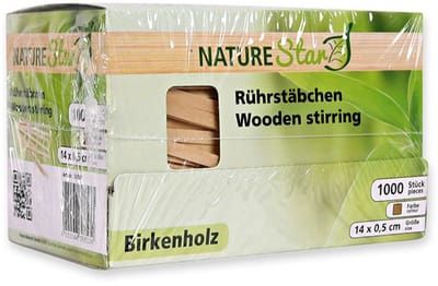 NatureStar - wegwerp houten roerstaafjes 14 cm BIO 1000 stuks in handige hygiënische (dispenser)doos - Milieuvriendelijke Roerstaafjes voor Koffie, Thee en Andere Dranken, Biologisch Afbreekbaar