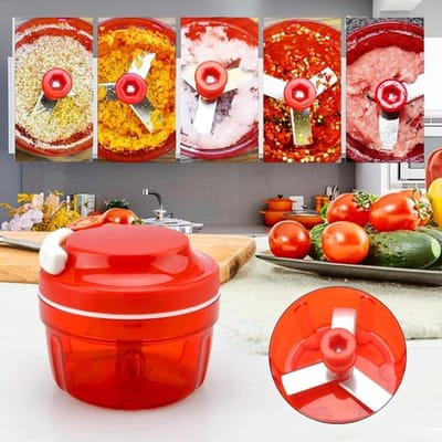 TEKROA® Hakmolen 300 ml – 5 seconden hakken - met trekkoord – Uiensnijder en Food Chopper voor groenten, noten en salades - RVS - rood