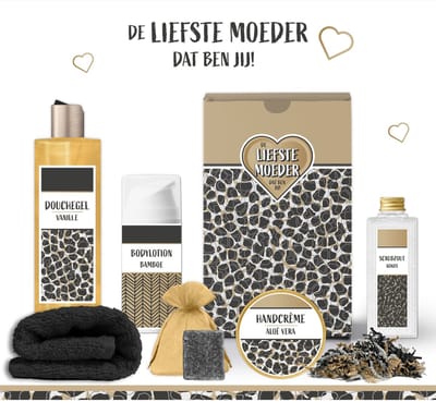 Geschenkset "de Liefste Moeder dat ben jij!" - 6 producten - 680 gram - Triomf Cosmetica | Giftset voor haar Speciaal voor jou Cadeau allerliefste Moeder Verjaardag Moederdag Cadeaubox Wellness deluxe Kerst Geschenk Bedankt Mama Luxe Set Bruin
