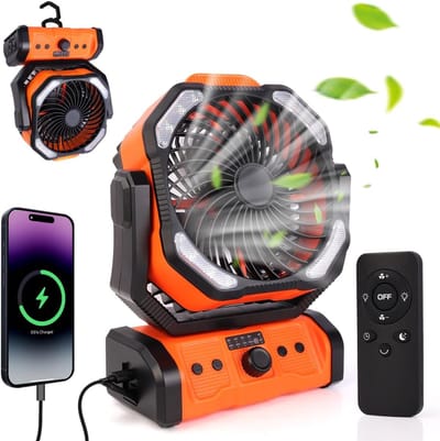 20000 mAh USB-campingventilator met LED-verlichting, draagbare oplaadbare bureau-/tentventilator met afstandsbediening en haak, 270° draaibare kop voor vissen en als windscherm.