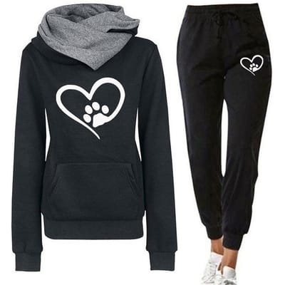 2 Stuks/Set Dames Herfst Winter Hart Print Sport Outfit Capuchon Lange Mouw Voorzak Sweatshirt Tops Elastische Taille Joggingbroek M zwart