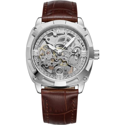 Modieus Automatisch Mechanisch Horloge PU Lederen Band Polshorloge voor Heren (Zilverbruin) gray