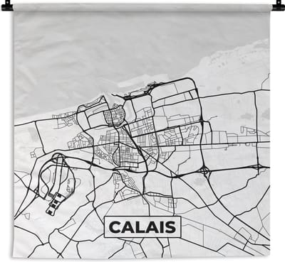 Wandkleed - Wanddoek - Kaart - Calais - Stadskaart - Frankrijk - Plattegrond - Zwart wit - 180x180 cm - Wandtapijt