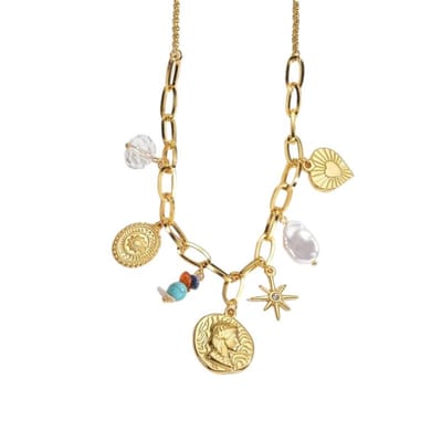 Aramat Jewels ketting met bedels -dames -met parel & kristal- Rvs-45cm