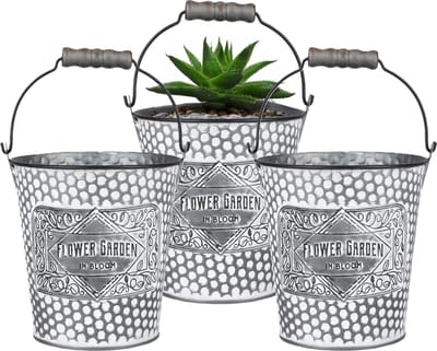 Sunnydays Emmer/plantenpot/bloempot - 3x - zink - zilver - D12.5 x H13 cm